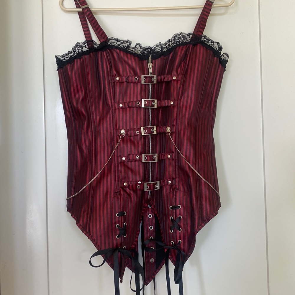 Maroon & Black Pinstripe Lace-up/Zip-up Corset 🧚‍♂️